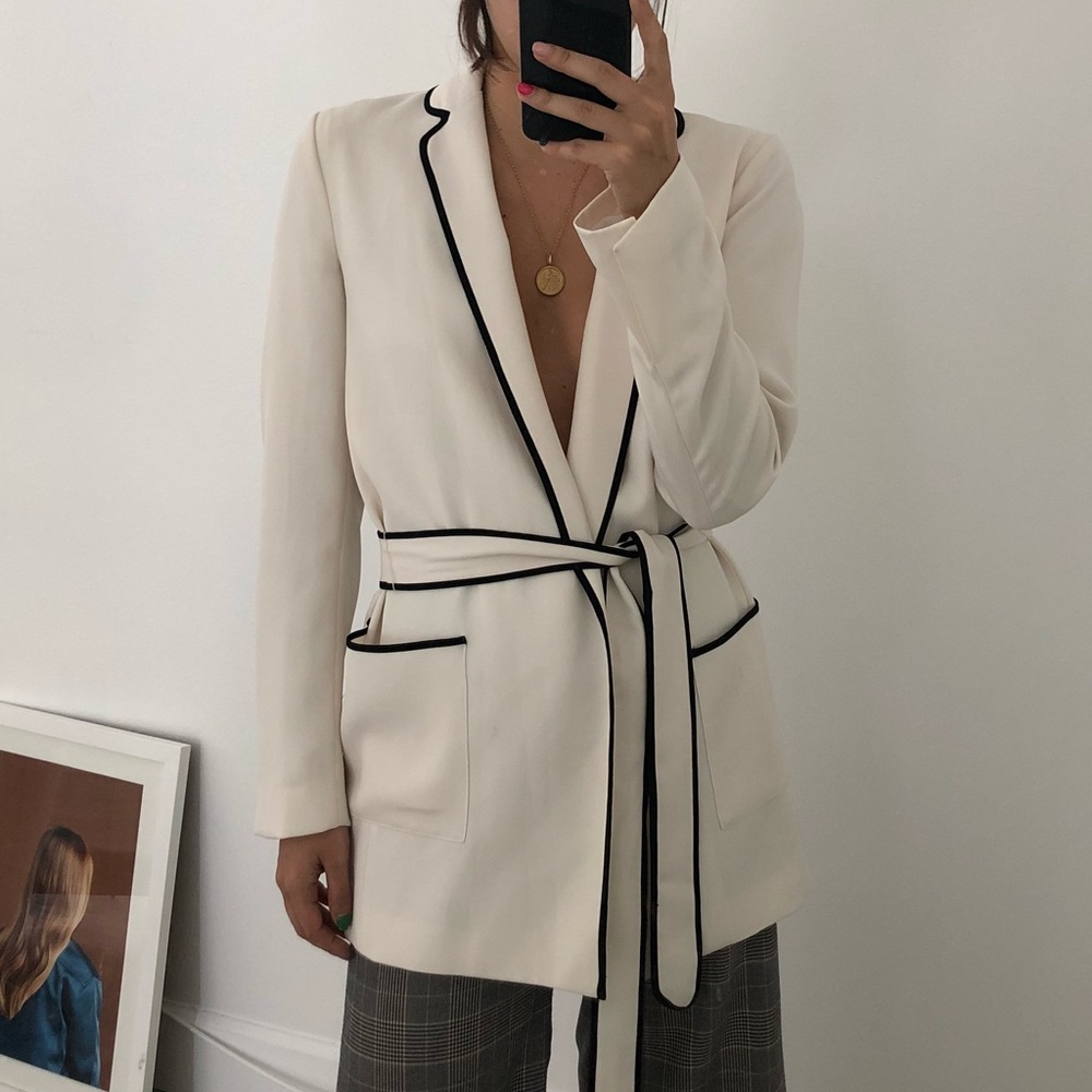 Cream Wrap Blazer w Black Contrast Piping Pajama - Picture 2 of 6
